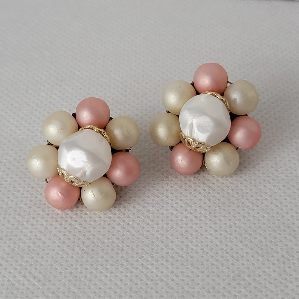 Vintage Clip-on Bead Cluster Earrings | Signed Japan | Faux Pearl Pastel